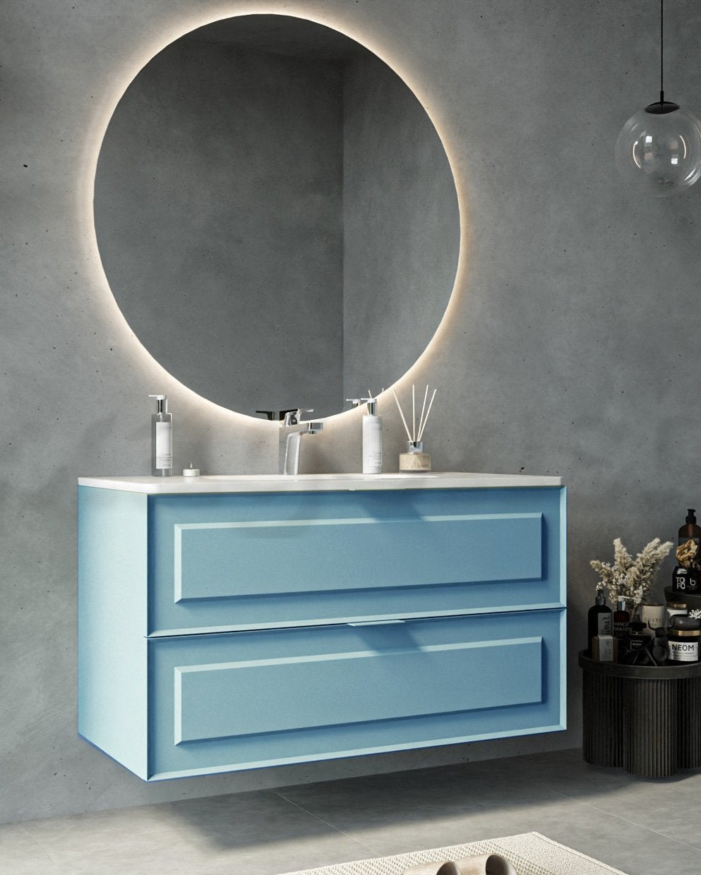 Mobile bagno azzurro opaco 82x47 Dublino con lavabo in, dettaglio ravvicinato della finitura e del cassetto - Exagonshop