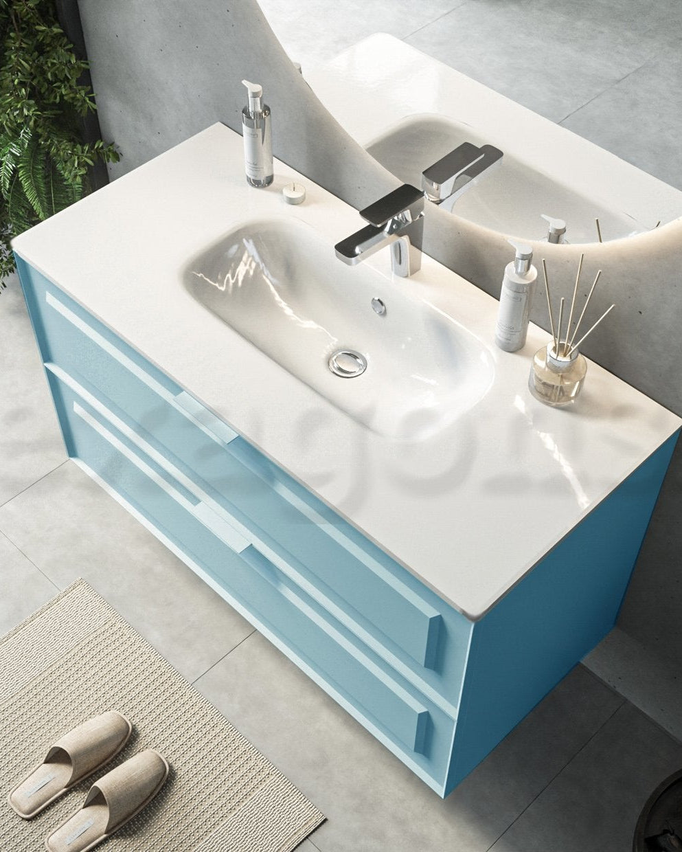 Mobile bagno azzurro opaco 82x47 Dublino con lavabo in, vista dall'alto del piano con lavabo - Exagonshop