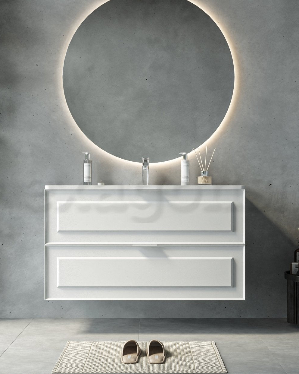 Mobile bagno bianco opaco 82x47 Dublino con lavabo in, vista laterale della struttura sospesa - Exagonshop