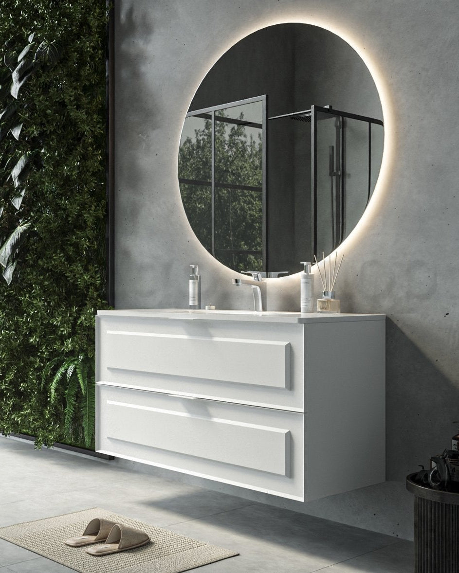 Mobile bagno bianco opaco 82x47 Dublino con lavabo in con lavabo e rubinetteria, vista frontale su sfondo neutro - Exagonshop