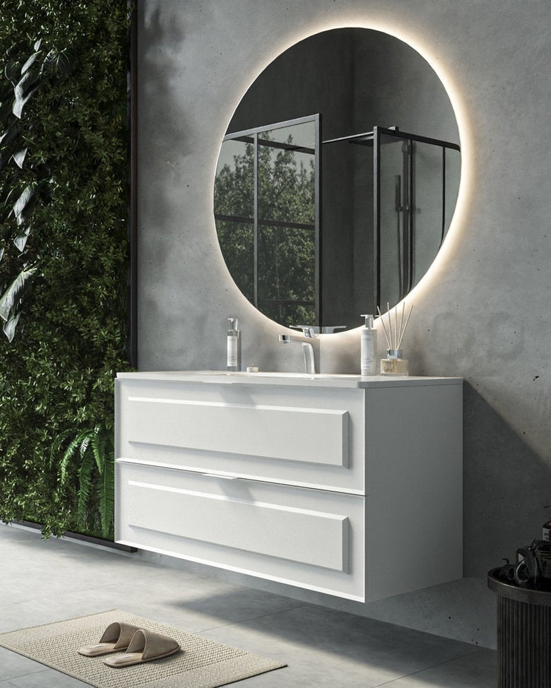 Mobile bagno bianco opaco 82x47 Dublino con lavabo in con lavabo e rubinetteria, vista frontale su sfondo neutro - Exagonshop