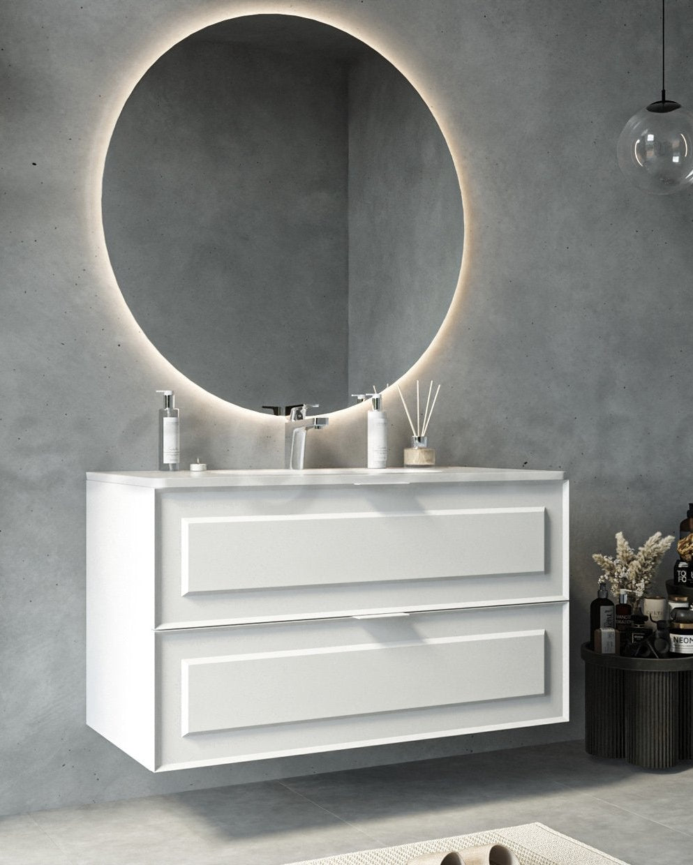 Mobile bagno bianco opaco 82x47 Dublino con lavabo in, dettaglio ravvicinato della finitura e del cassetto - Exagonshop