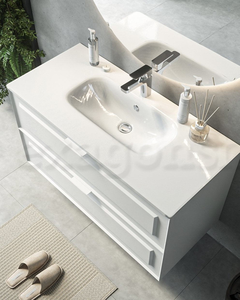 Mobile bagno bianco opaco 82x47 Dublino con lavabo in, vista dall'alto del piano con lavabo - Exagonshop