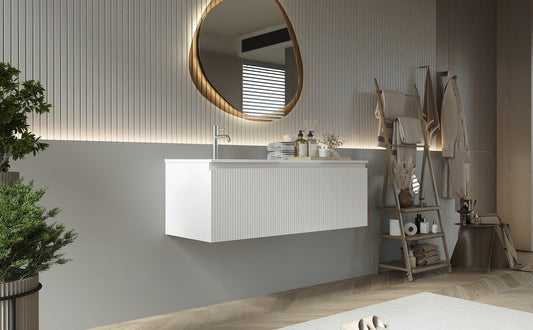 Mobile bagno cannettato 120X46 bianco lavabo resina cassetti destro sinistra Pisa