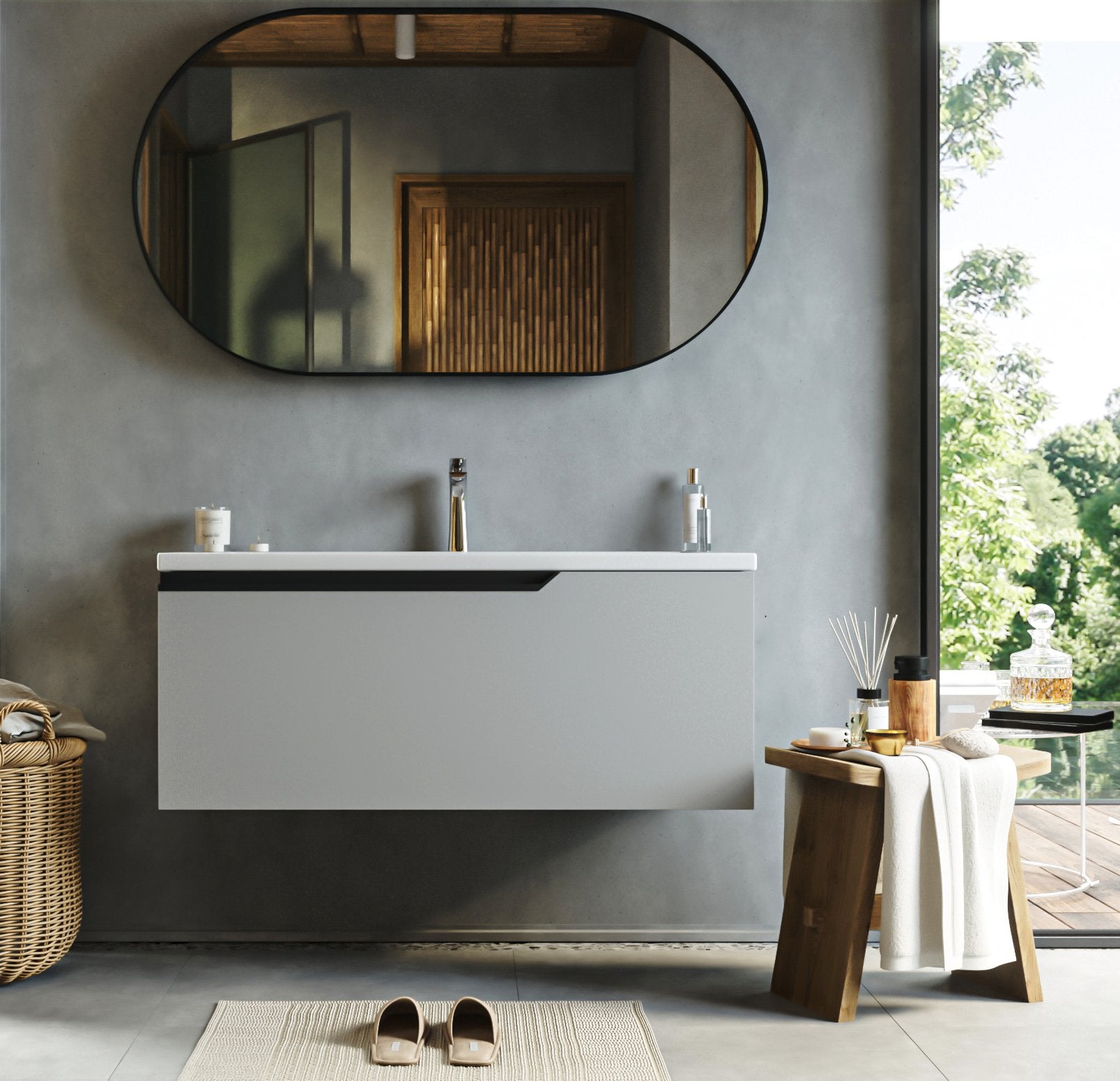 Mobile bagno clear grey 100x45 Modena lavabo in ceramica ambientato in bagno moderno con specchio e accessori - Exagonshop