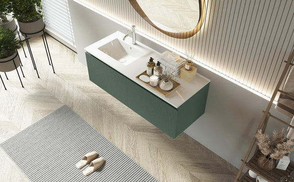 Mobile bagno cannettato 120X46 verde lavabo resina cassetti destro sinistra Pisa