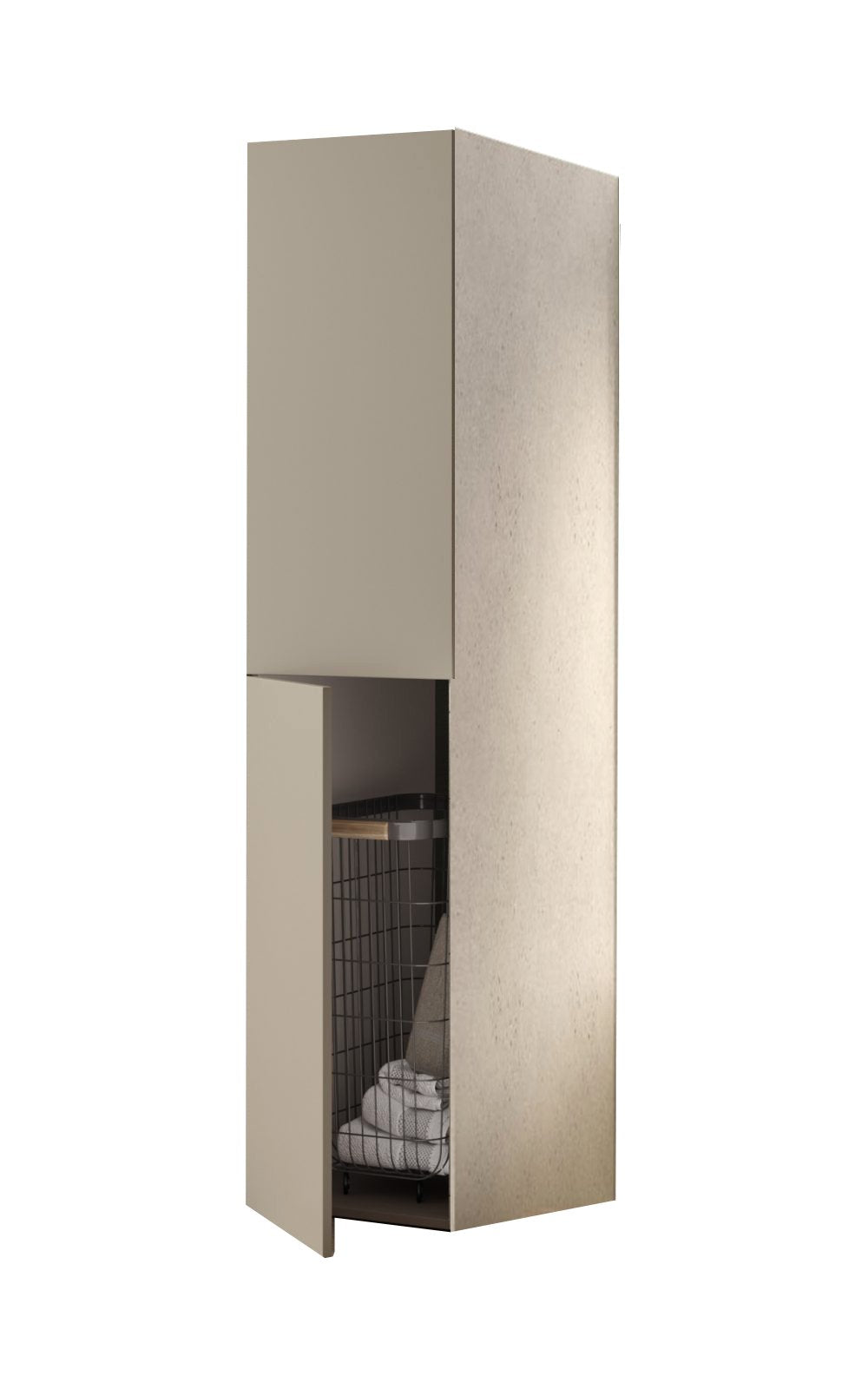 Mobile colonna 40x182 due ante tortora opaco fianchi pietra ambientato in bagno moderno con specchio e accessori - Exagonshop