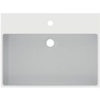 Mobile sospeso 60x37 bianco opaco con lavabo lucido con lavabo e rubinetteria, vista frontale su sfondo neutro