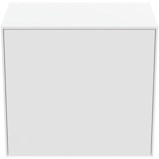Mobile sospeso 60x37 bianco opaco con lavabo lucido con lavabo e rubinetteria, vista frontale su sfondo neutro