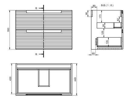 Mobile bagno grigio scuro 80x45 Mango due cassetti con lavabo in ceramica lucida