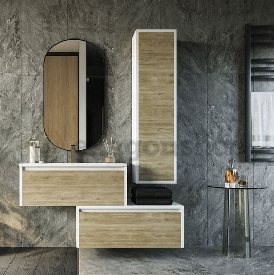 Mobile bagno 80x47 Quercia bianco lucido Siena con colonna push&pull e lavabo