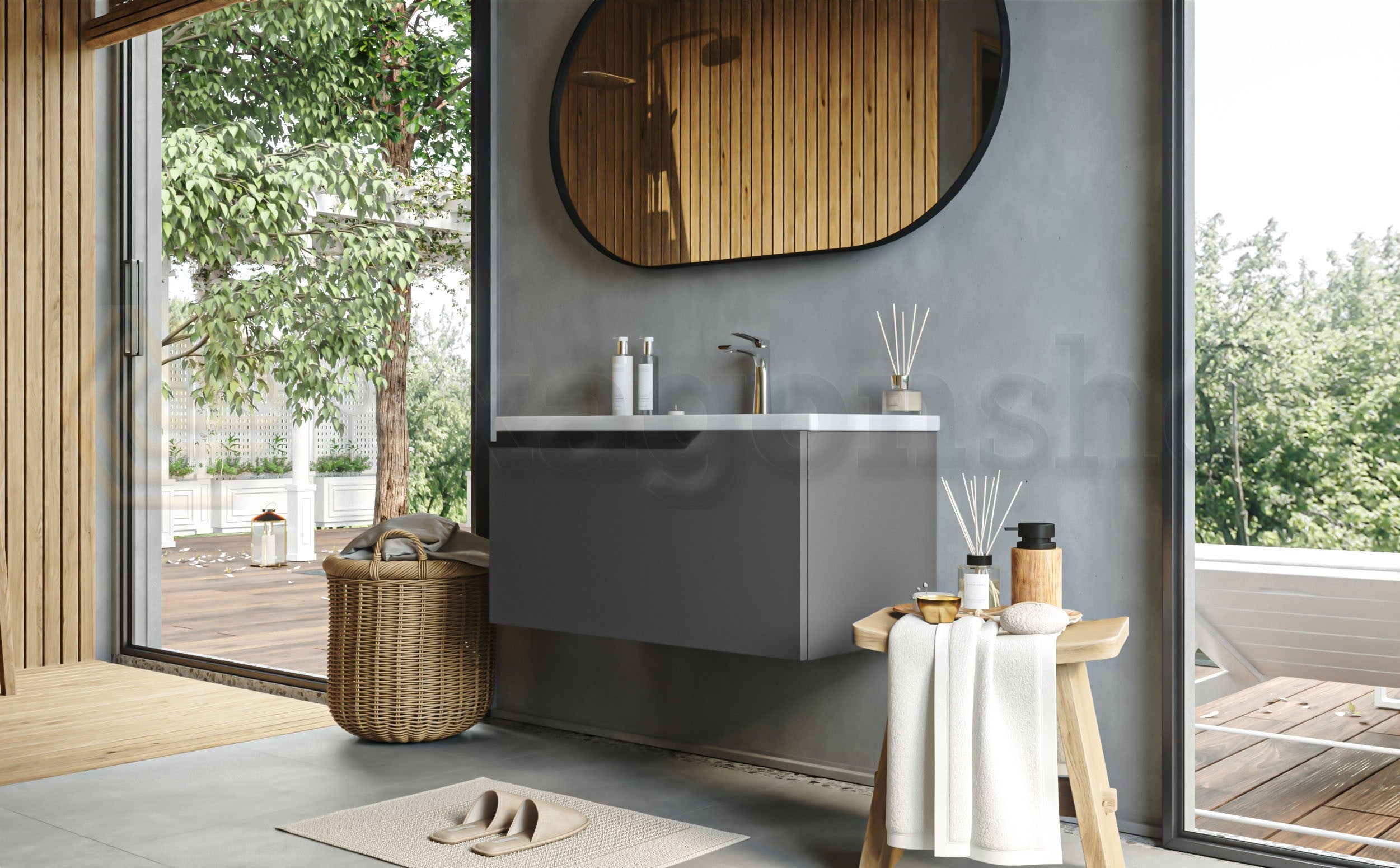 Mobile bagno dark grey 80x45 Modena lavabo in ceramica, vista dall'alto del piano con lavabo - Exagonshop
