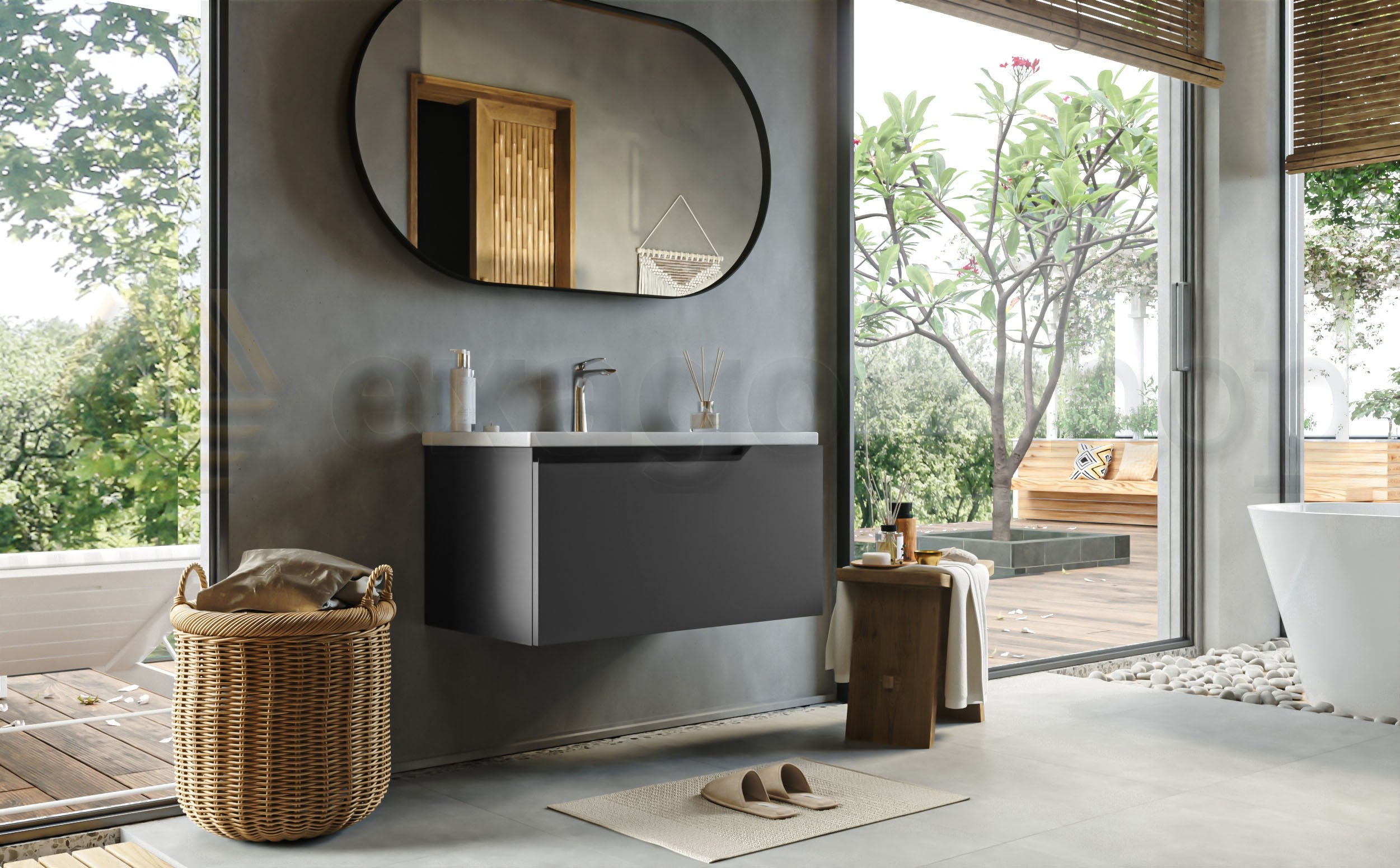 Mobile bagno dark grey 80x45 Modena lavabo in ceramica, vista laterale della struttura sospesa - Exagonshop