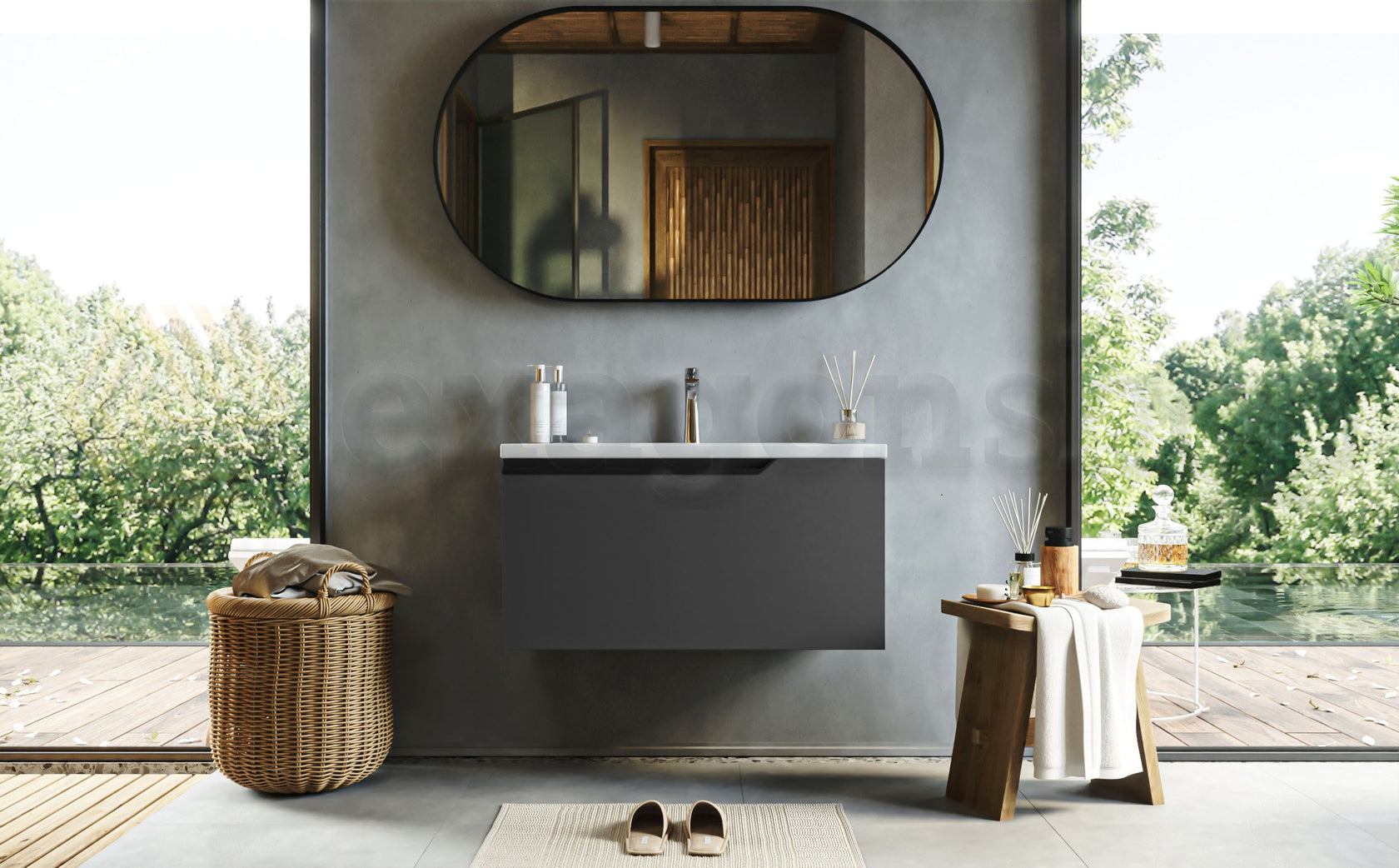 Mobile bagno dark grey 80x45 Modena lavabo in ceramica con lavabo e rubinetteria, vista frontale su sfondo neutro...