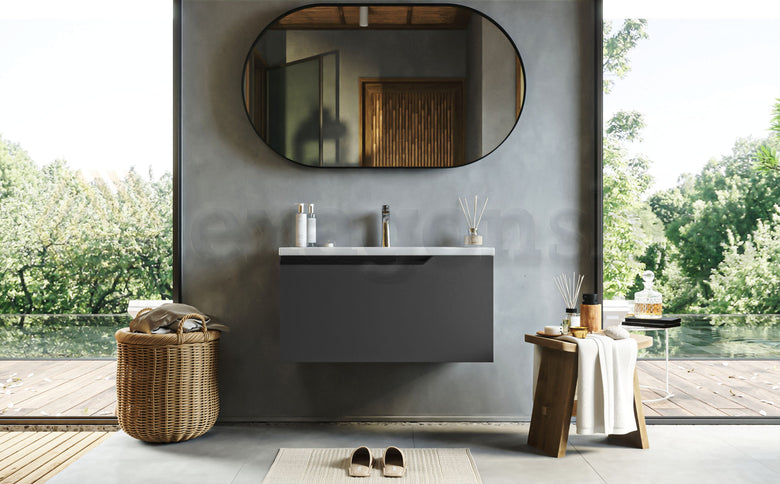 Mobile bagno dark grey 80x45 Modena lavabo in ceramica con lavabo e rubinetteria, vista frontale su sfondo neutro...