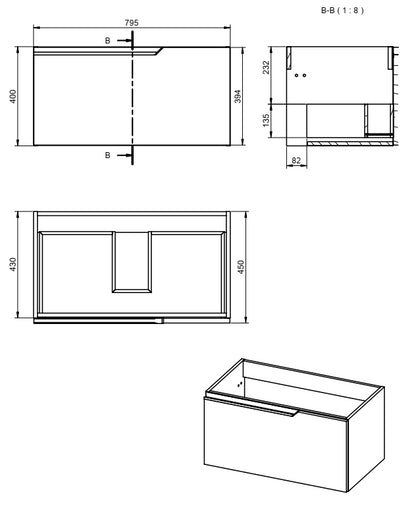 Mobile bagno dark grey 80x45 Modena un cassetto maniglia a gola con lavabo in ceramica lucida