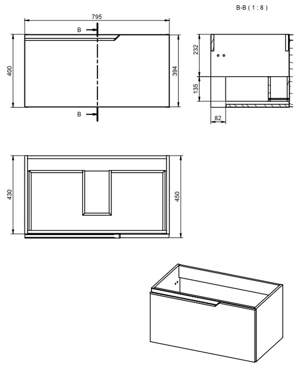 Mobile bagno dark grey 80x45 Modena un cassetto maniglia a gola con lavabo in ceramica lucida