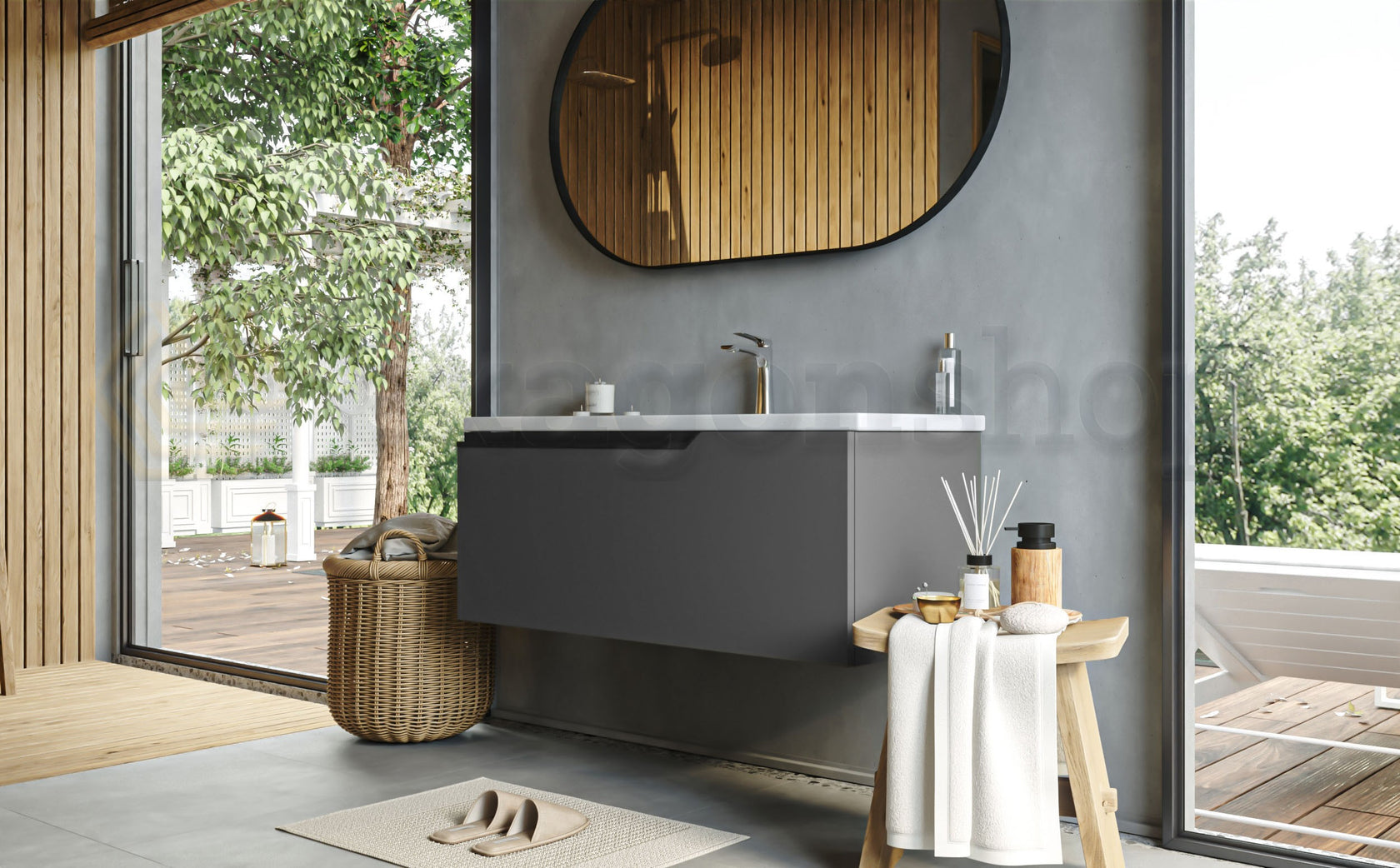 Mobile bagno dark grey 100x45 Modena lavabo in ceramica, vista dall'alto del piano con lavabo - Exagonshop