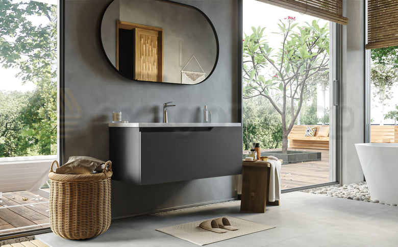 Mobile bagno dark grey 100x45 Modena lavabo in ceramica, vista laterale della struttura sospesa - Exagonshop