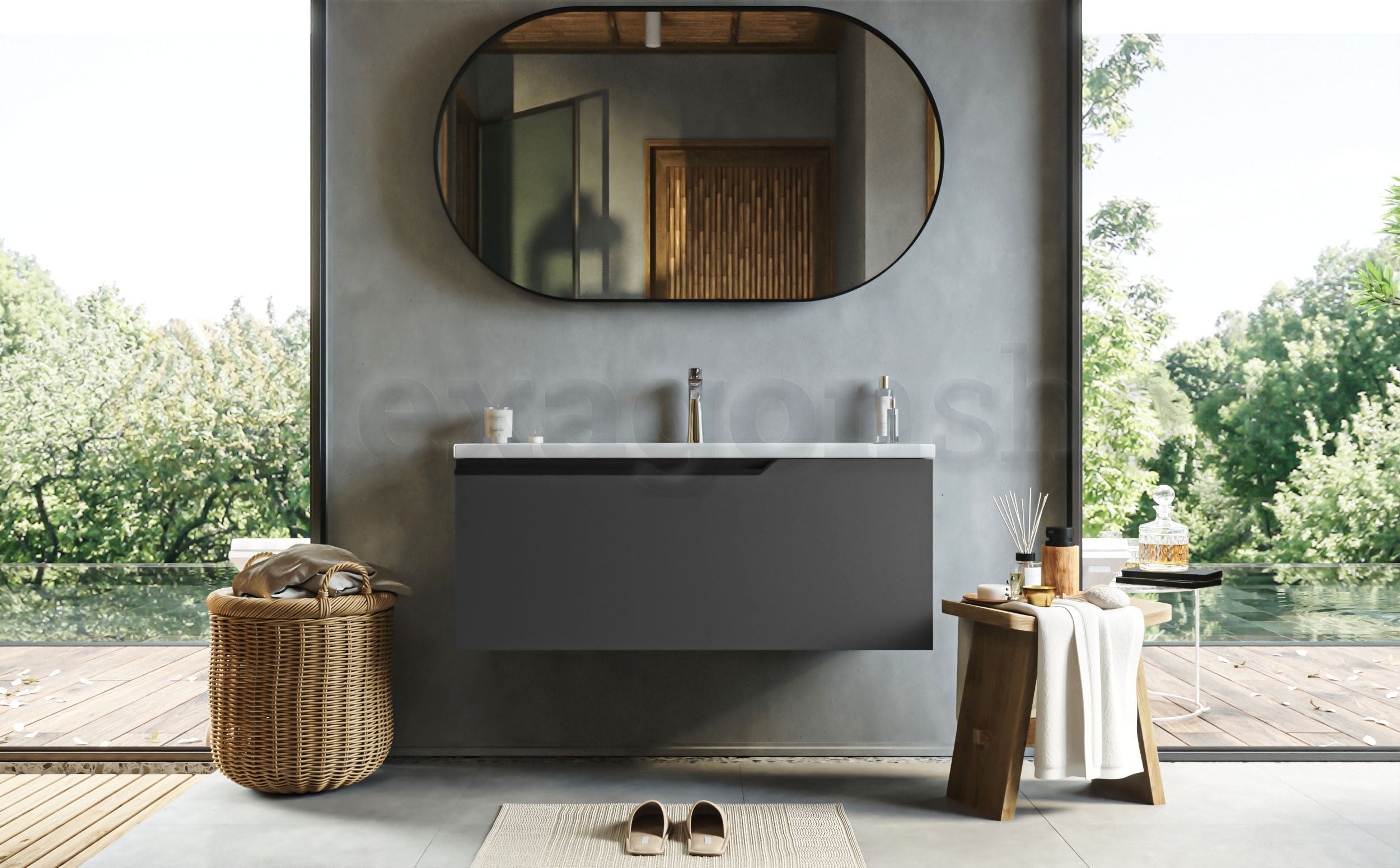 Mobile bagno dark grey 100x45 Modena lavabo in ceramica con lavabo e rubinetteria, vista frontale su sfondo neutro...