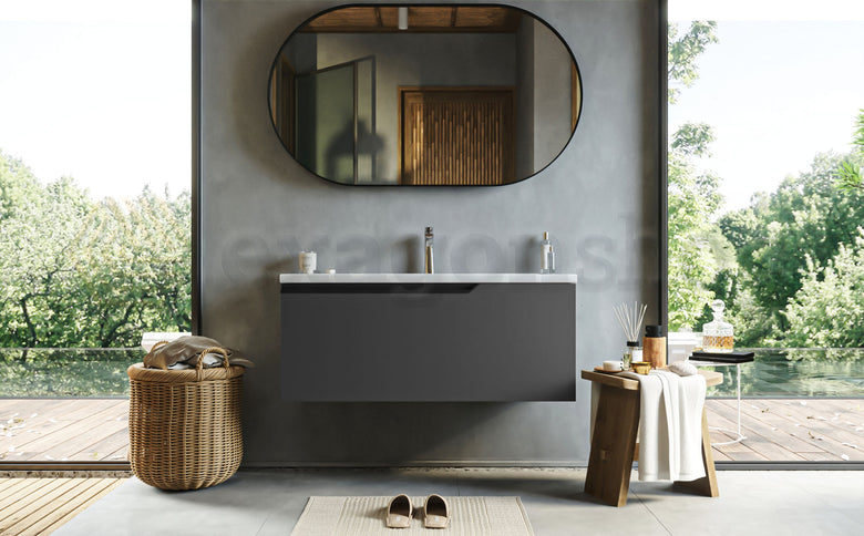 Mobile bagno dark grey 100x45 Modena lavabo in ceramica con lavabo e rubinetteria, vista frontale su sfondo neutro...