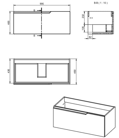 Mobile bagno dark grey 100x45 Modena un cassetto maniglia a gola con lavabo in ceramica lucida