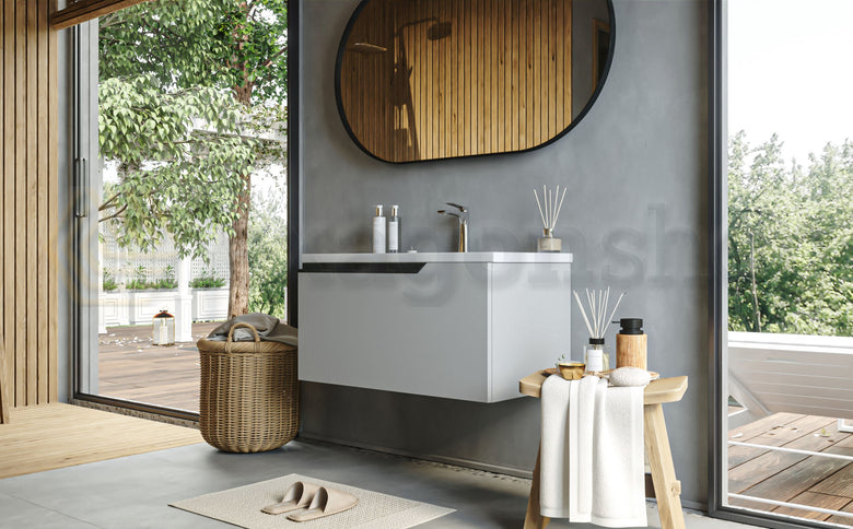 Mobile bagno clear grey 80x45 Modena lavabo in ceramica Grigio, dettaglio ravvicinato della finitura e del cassetto...