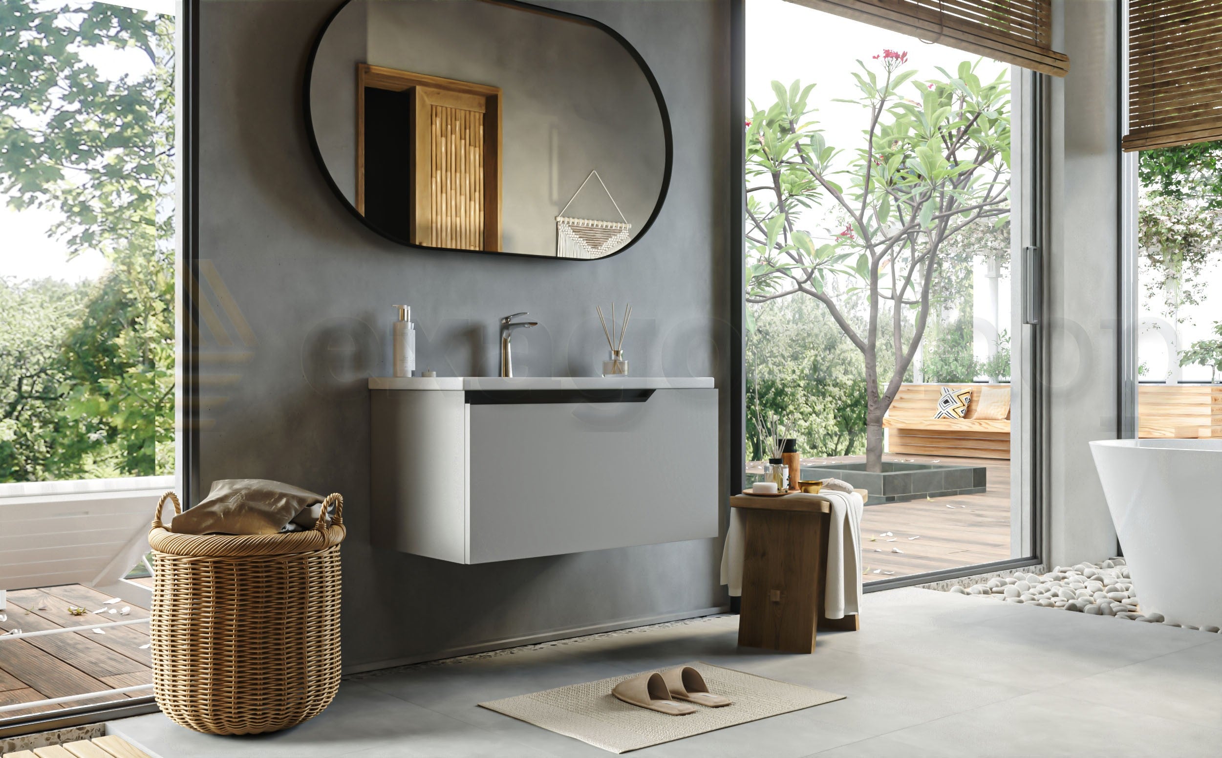 Mobile bagno clear grey 80x45 Modena lavabo in ceramica Grigio, vista laterale della struttura sospesa - Exagonshop