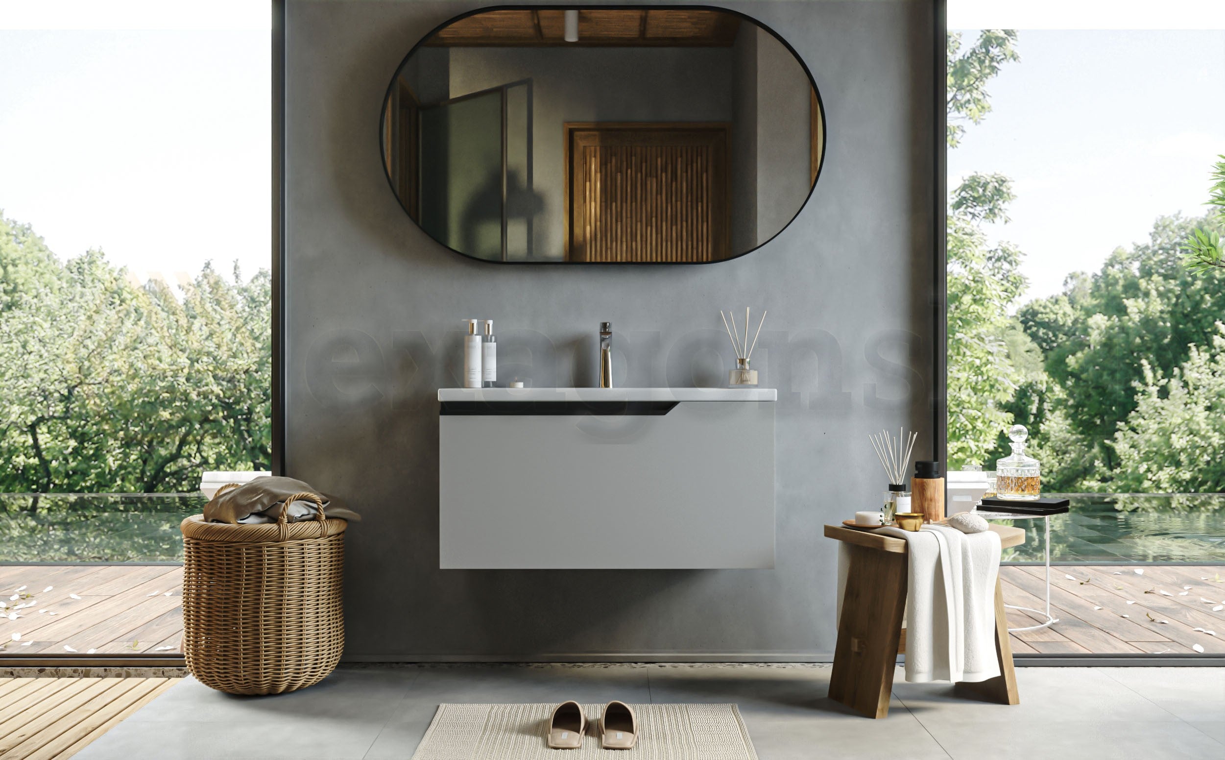 Mobile bagno clear grey 80x45 Modena lavabo in ceramica Grigio con lavabo e rubinetteria, vista frontale su sfondo neutro...