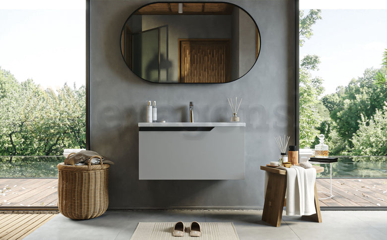Mobile bagno clear grey 80x45 Modena lavabo in ceramica Grigio con lavabo e rubinetteria, vista frontale su sfondo neutro...