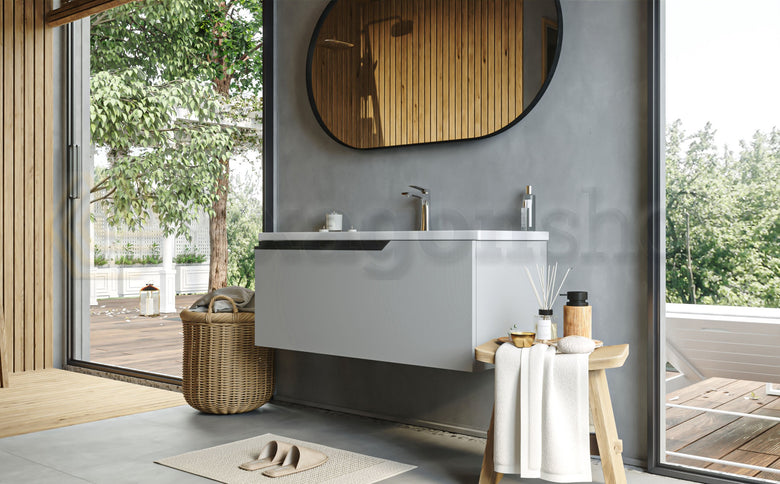 Mobile bagno clear grey 100x45 Modena lavabo in ceramica, vista dall'alto del piano con lavabo - Exagonshop