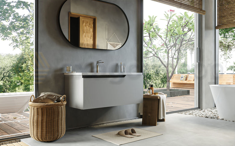 Mobile bagno clear grey 100x45 Modena lavabo in ceramica, vista laterale della struttura sospesa - Exagonshop