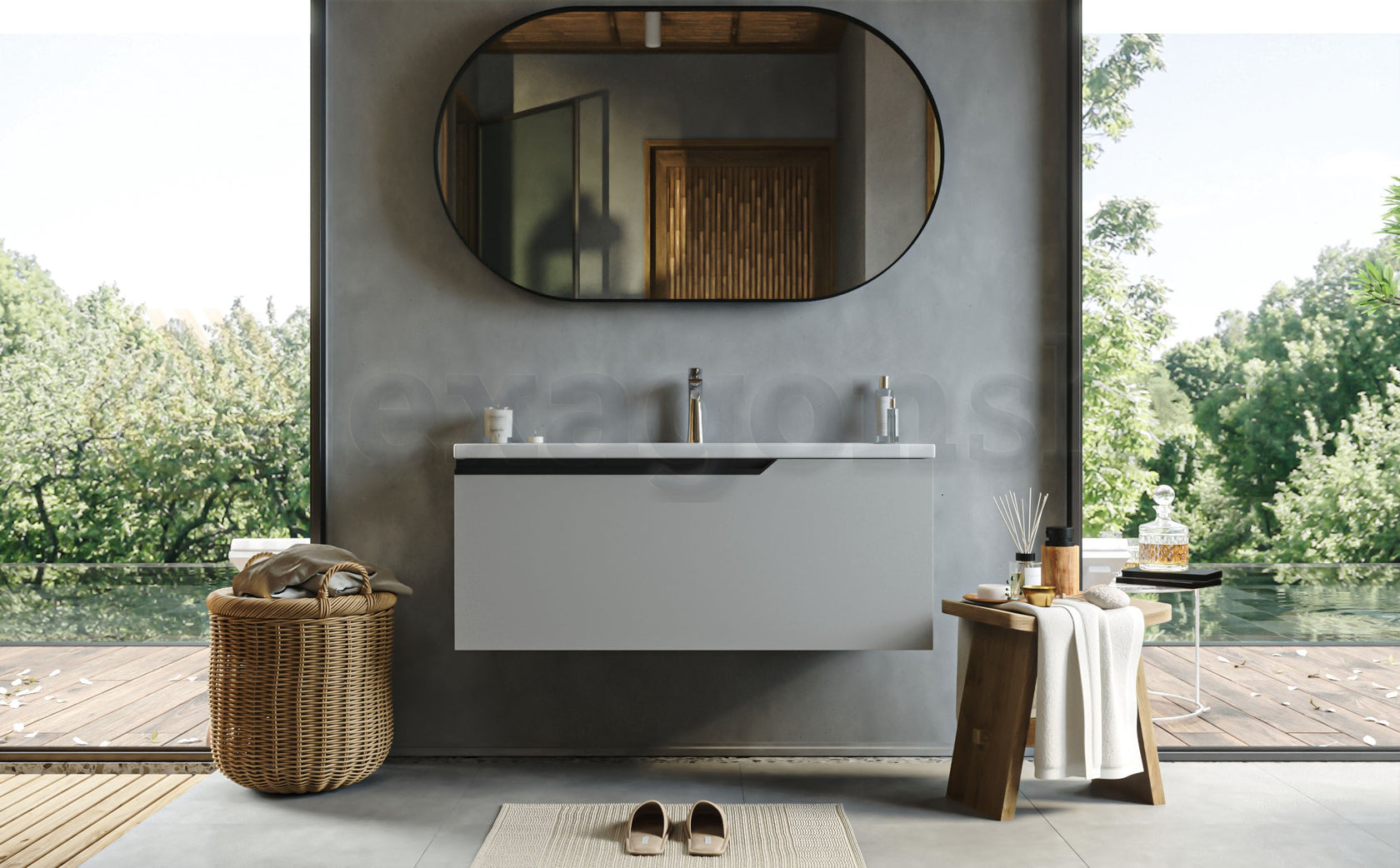Mobile bagno clear grey 100x45 Modena lavabo in ceramica con lavabo e rubinetteria, vista frontale su sfondo neutro...