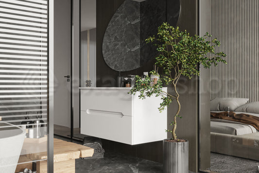 Mobile bagno bianco lucido 90x46 Urbino  con lavabo in ceramica due cassetti e maniglie a gola