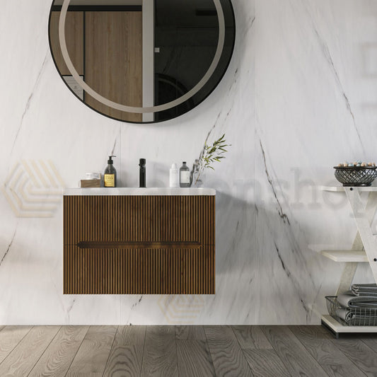 Mobile bagno noce chiaro 70x46 cannettato Urbino due cassetti con lavabo in ceramica