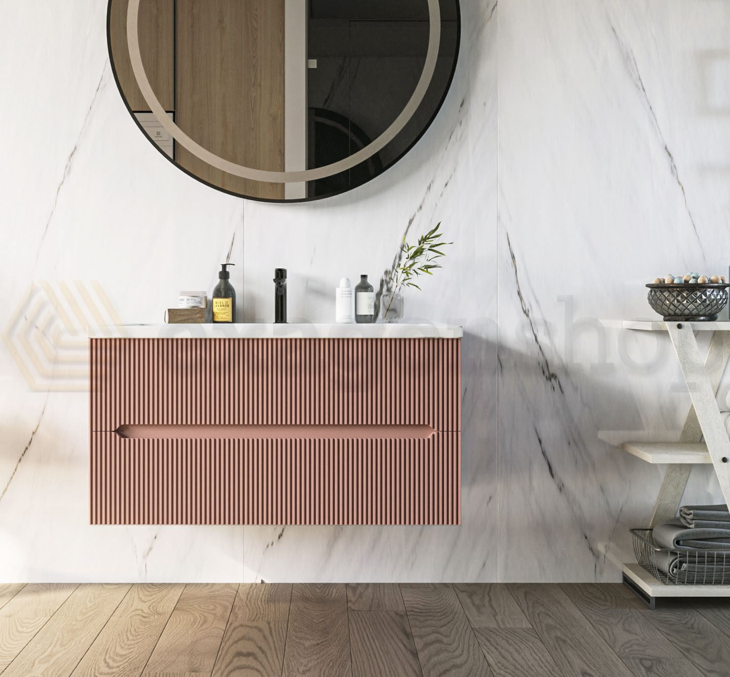 Mobile bagno rosa antico 90x46 cannettato Urbino due cassetti con lavabo in ceramica
