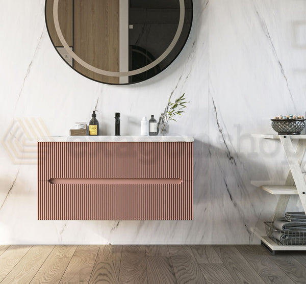 Mobile bagno rosa antico 90x46 cannettato Urbino due cassetti con lavabo in ceramica