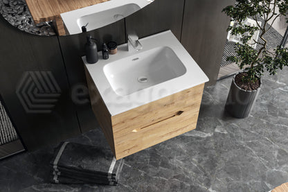 Mobile bagno rovere chiaro 60x46 Urbino con lavabo in ceramica due cassetti e maniglie a gola
