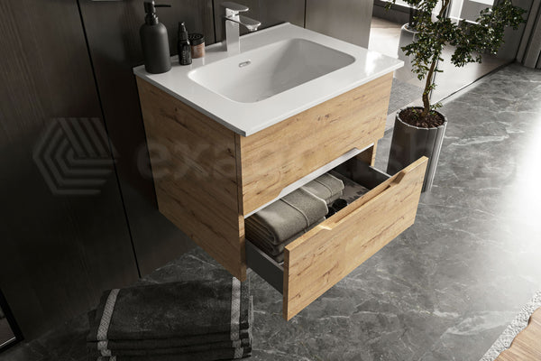 Mobile bagno rovere chiaro 60x46 Urbino con lavabo in ceramica due cassetti e maniglie a gola