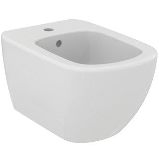 Ideal Standard Coppia sanitari sospesi vaso rimless e bidet ambientato su piano bagno con accessori
