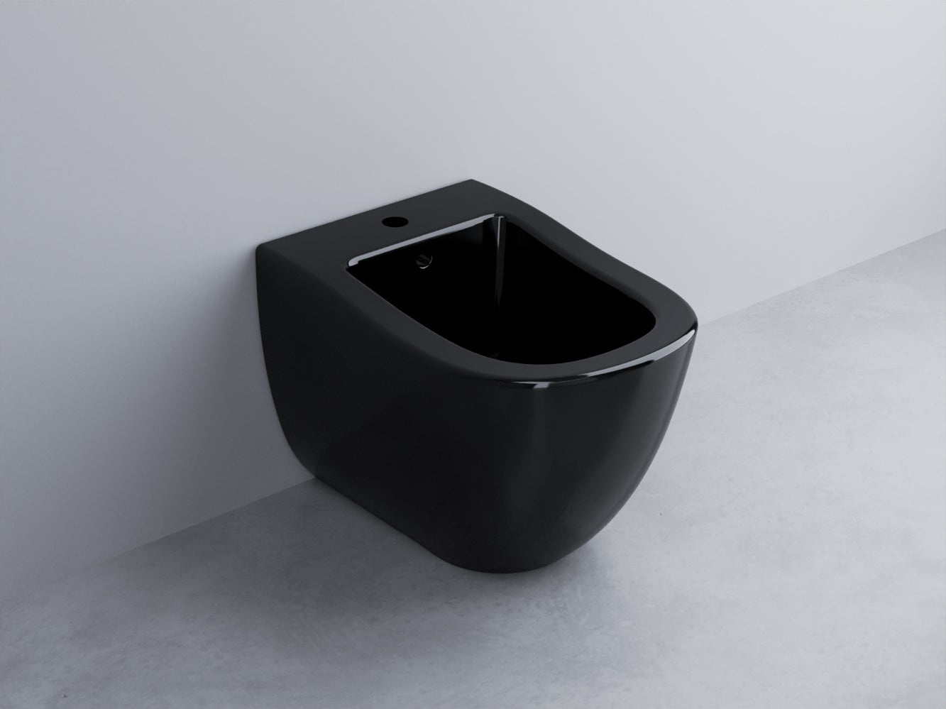 Cielo Fluid Bidet Monoforo A Pavimento In Ceramica Nero in lucido ambientato su piano bagno con accessori
