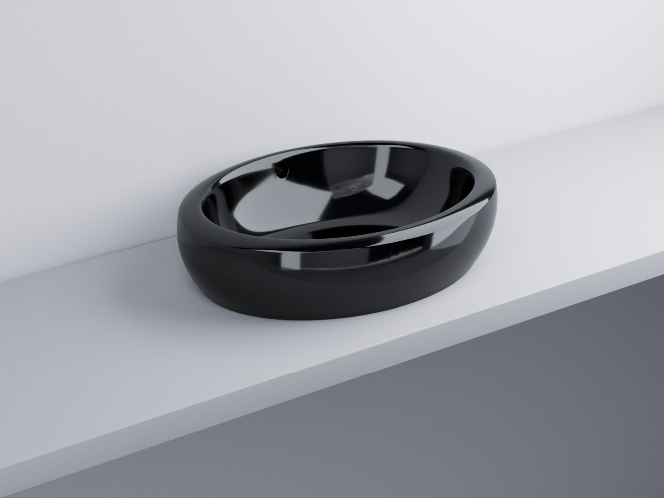 Cielo Fluid Lavabo 60x45 Da Appoggio Senza Foro Con Troppo in ceramica e lucido ambientato su piano bagno con accessori