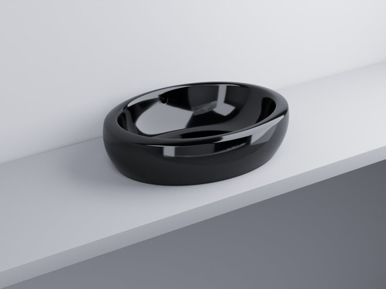 Cielo Fluid Lavabo 60x45 Da Appoggio Senza Foro Con Troppo in ceramica e lucido ambientato su piano bagno con accessori