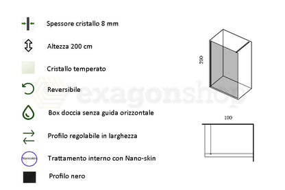 Walk in parete doccia fissa 100 cm H 200 spessore 8 mm in cristallo fluted scanalato profili nero Genio