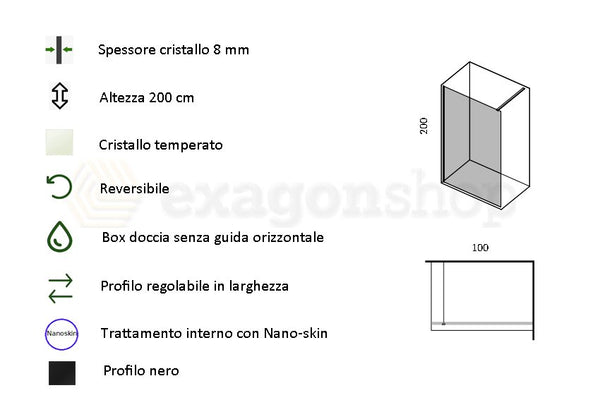 Walk in parete doccia fissa 100 cm H 200 spessore 8 mm in cristallo fluted scanalato profili nero Genio
