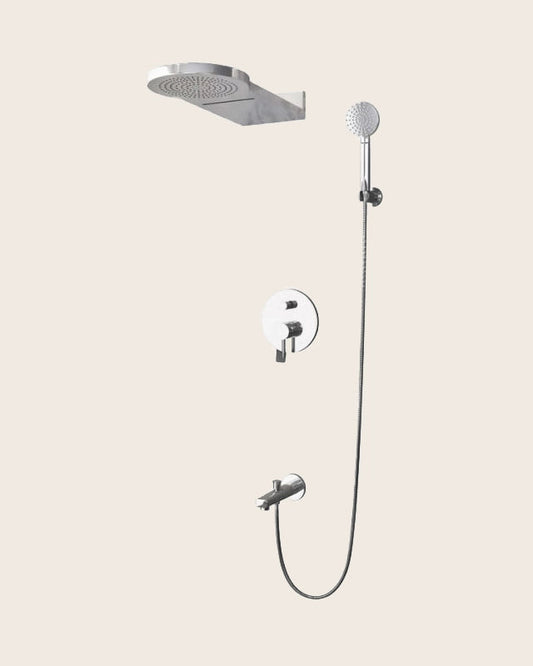 New line set doccia con soffione e miscelatore 5 vie cromo Cromo Lucido in abs, vista frontale della maniglia e della...