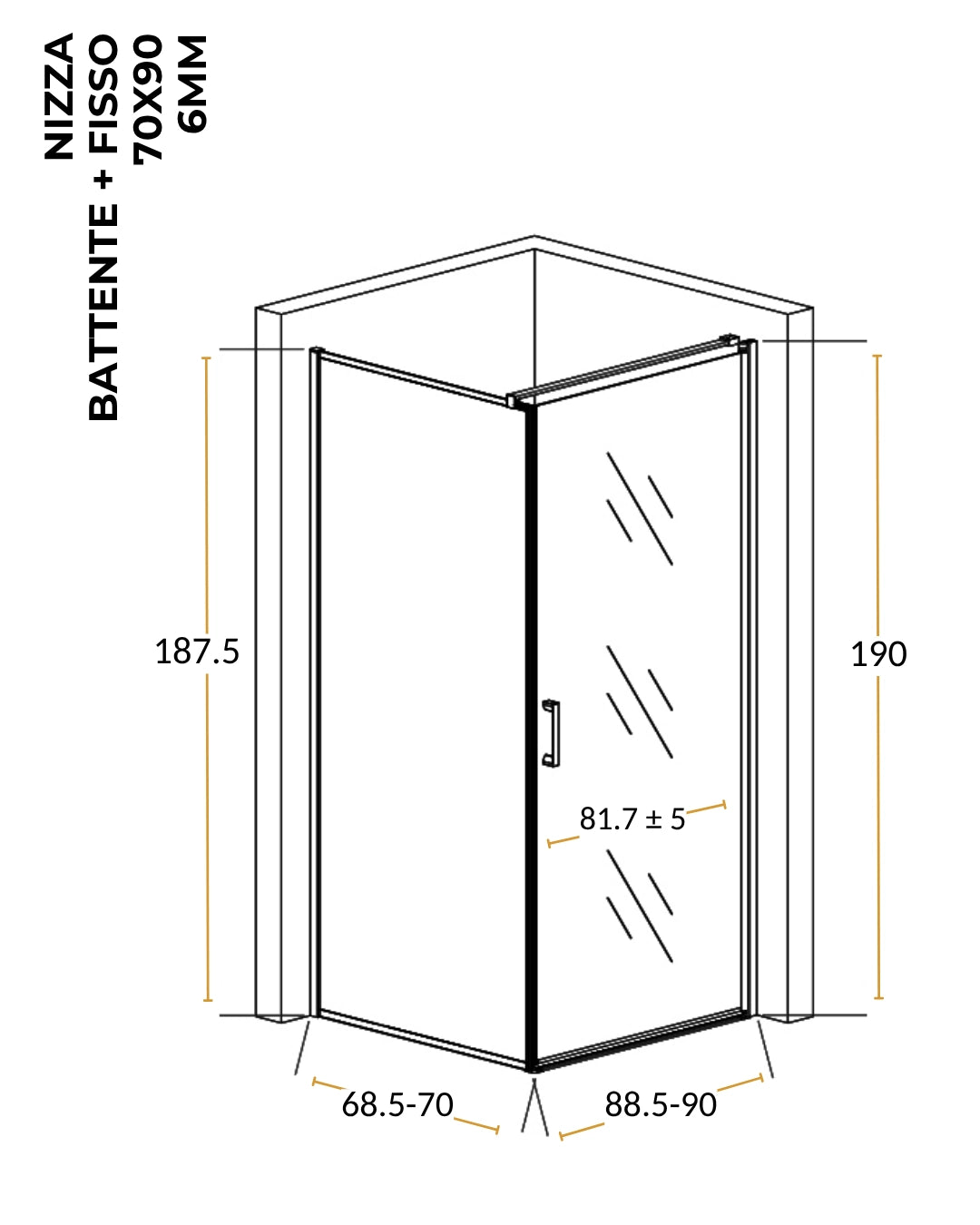 Box doccia 70x90 Nizza un battente reversibile 6 mm H 190 alluminio cromo