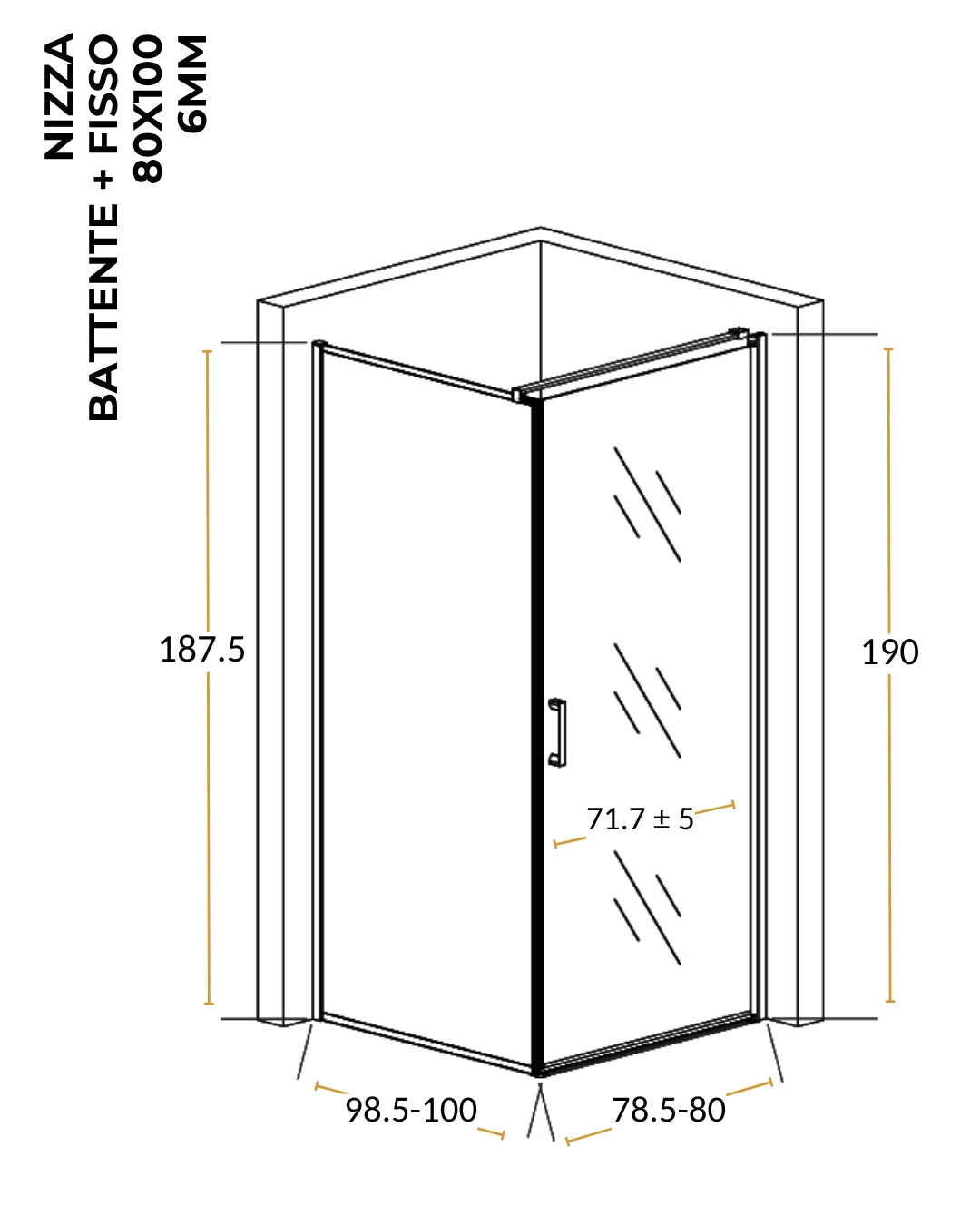 Box doccia 80x100 a battente vetro 6 mm H 190 alluminio cromo Nizza