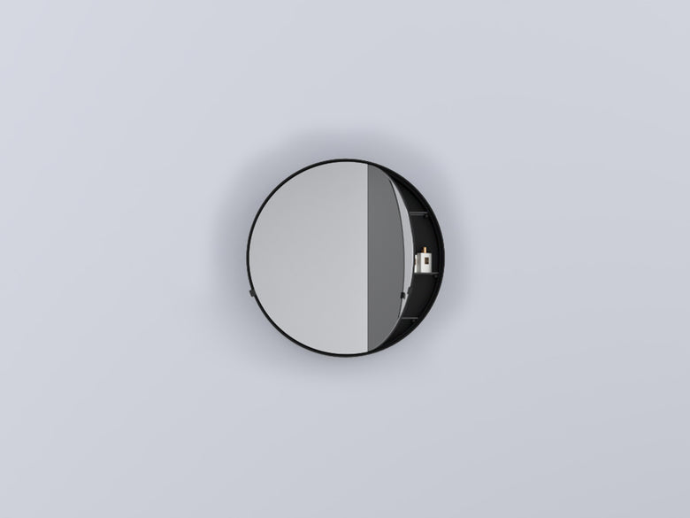 Cielo I Catini Round Box specchio contenitore 75 cm tondo Nero Opaco con lavabo e rubinetteria, vista frontale su sfondo...
