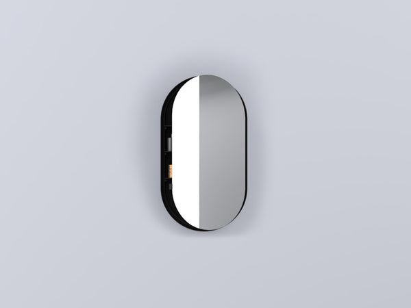 Cielo I Catini specchio contenitore 50x90 ovale con mensole in vetro e struttura in legno nero matt